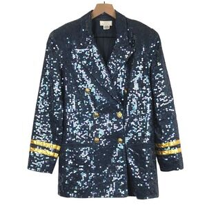 SANDY‎ STARKMAN Sequin Double Breasted Blazer Sz S Navy Blue Gold Trim Nautical